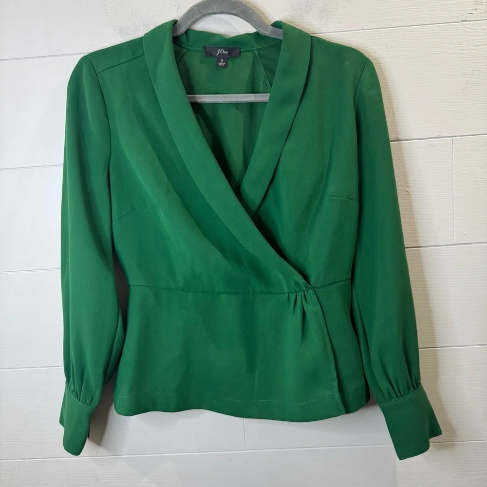J. Crew Women's Green Faux Wrap Blouse with Notched Collar Size 2